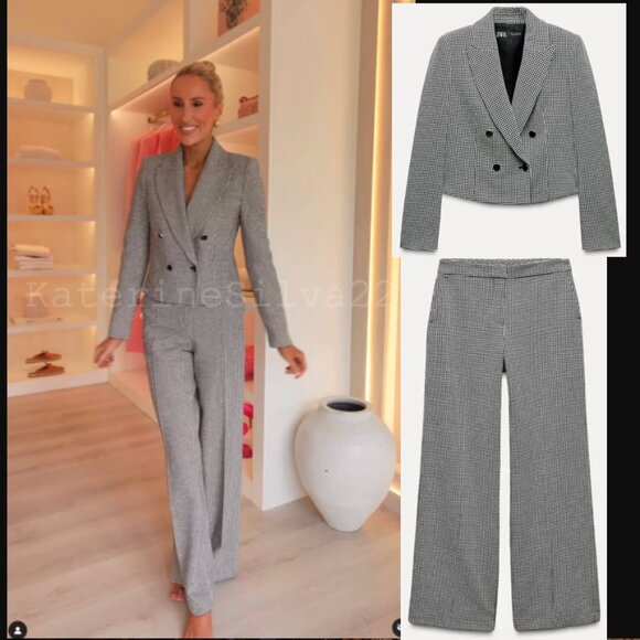 NWT ZARA 2 PIECES MATCH SET SUIT SHORT HOUNDSTOOTH BLAZER + WIDE LEG PANTS